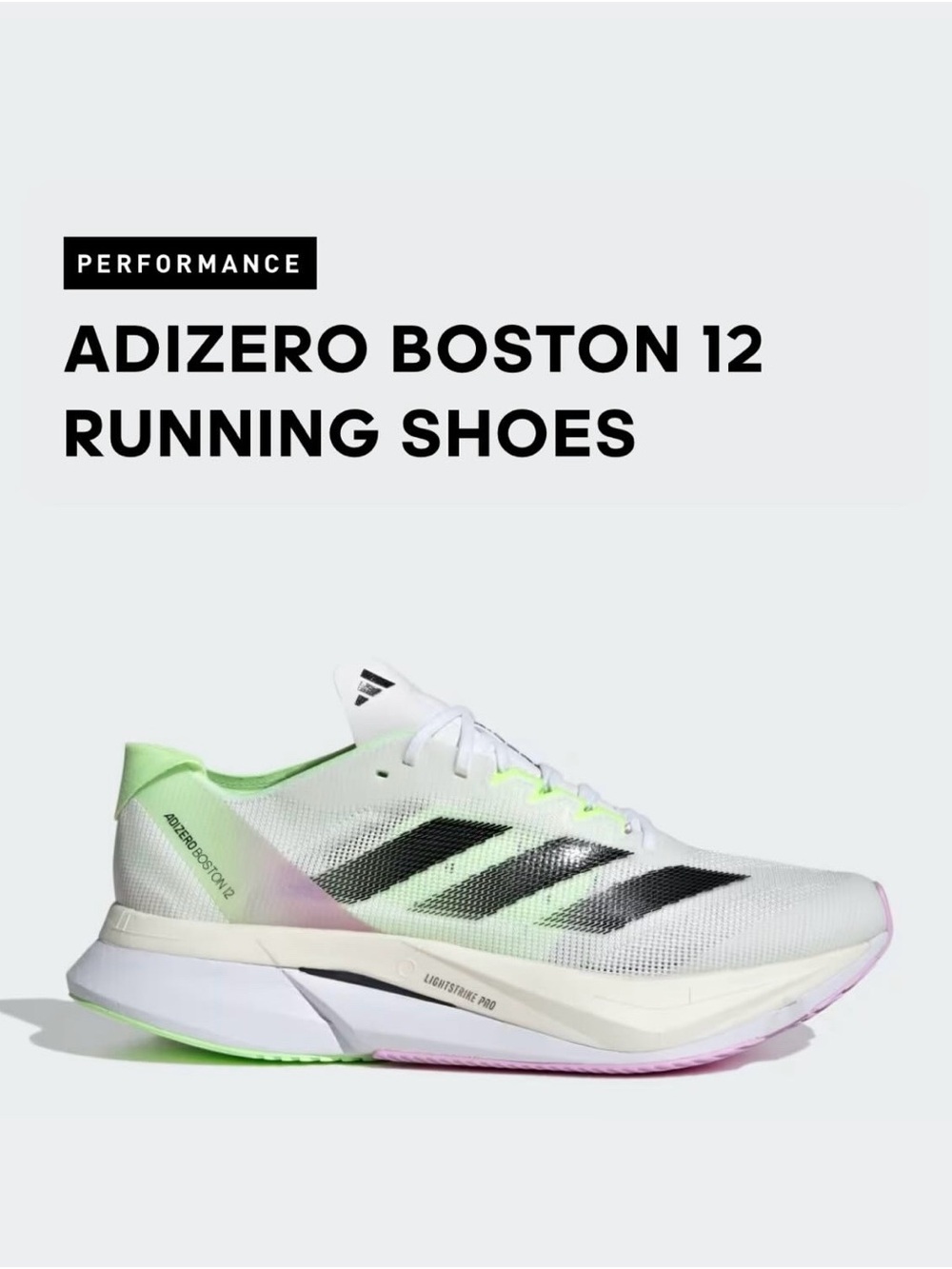 adidas Adizero Boston 12 Women’s White Black with Neon Green & Pink Accents
